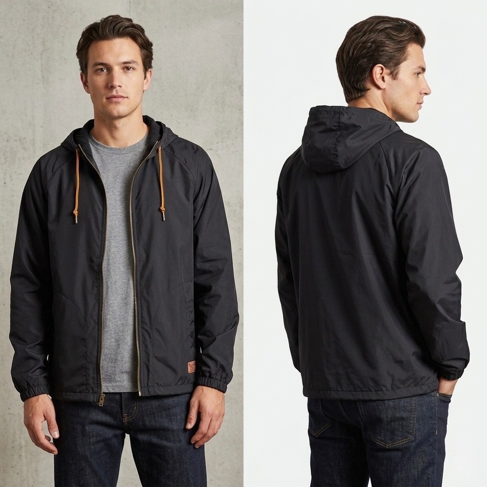 Brixton Claxton Hooded Windbreaker Jacket Men's Medium Black Nylon Zip Up Hoodie